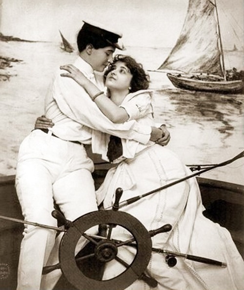 A portrait of a two young woman embracing on a boat by “Victorian hack” society photographer Fritz W. Guerin, c. 1902.